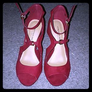 Red suede like strappy pumps